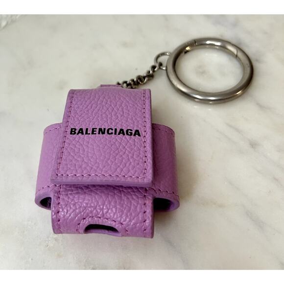 Balenciaga Leather Cash Airpod Case Holder 2021 SS Purple Silver Keychain - Picture 1 of 9